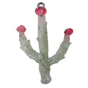 Saguaro Cactus Spun Glass Ornament Lipstick Red Pink Flowers Handmade New In Box